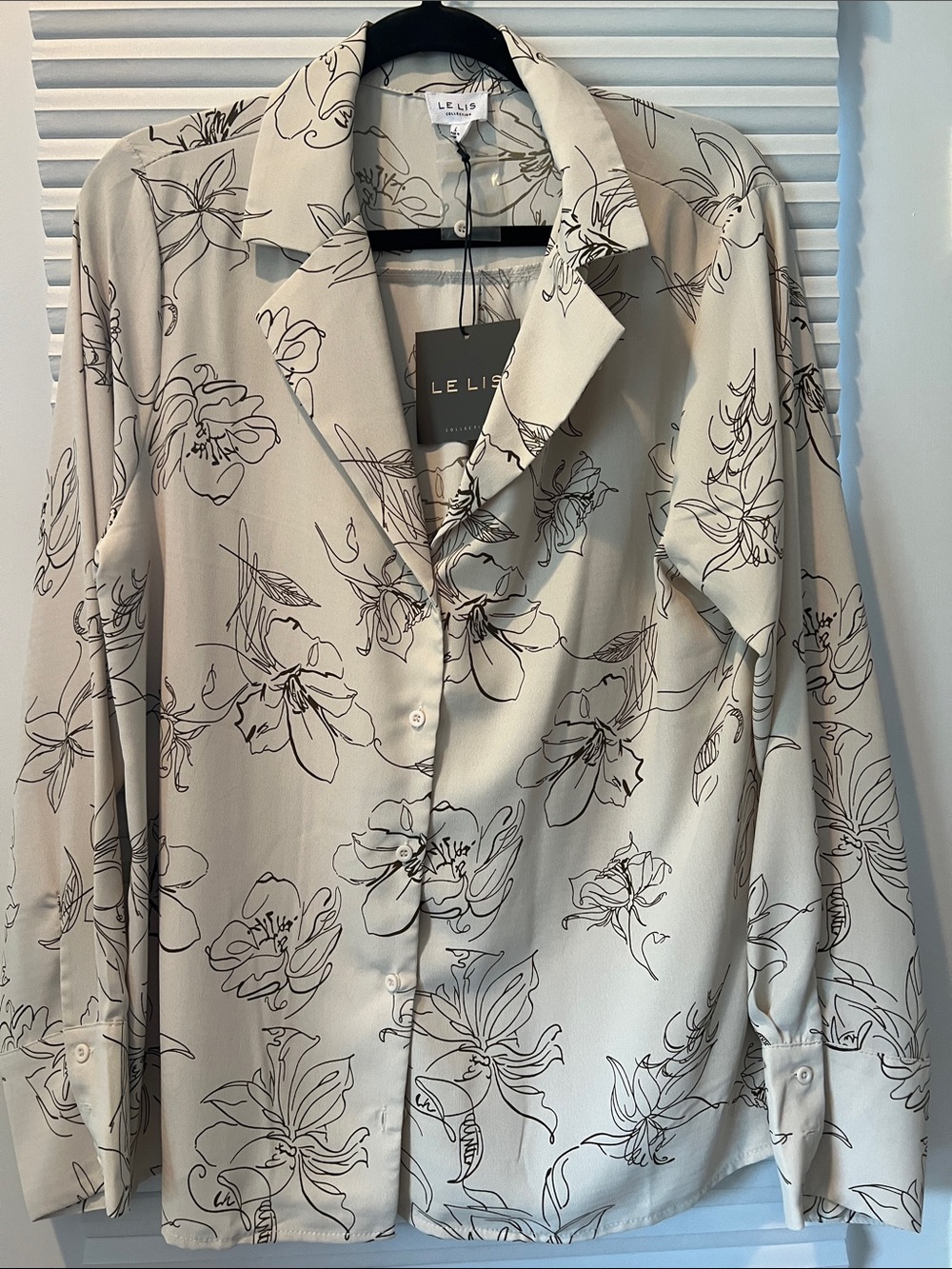 Le Lis Cream Button-Down Shirt with Black Floral Line Art